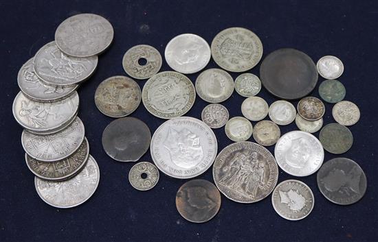 A collection of silver and bronze coinage, including three Victoria crowns, 1890, 1893 and 1895,